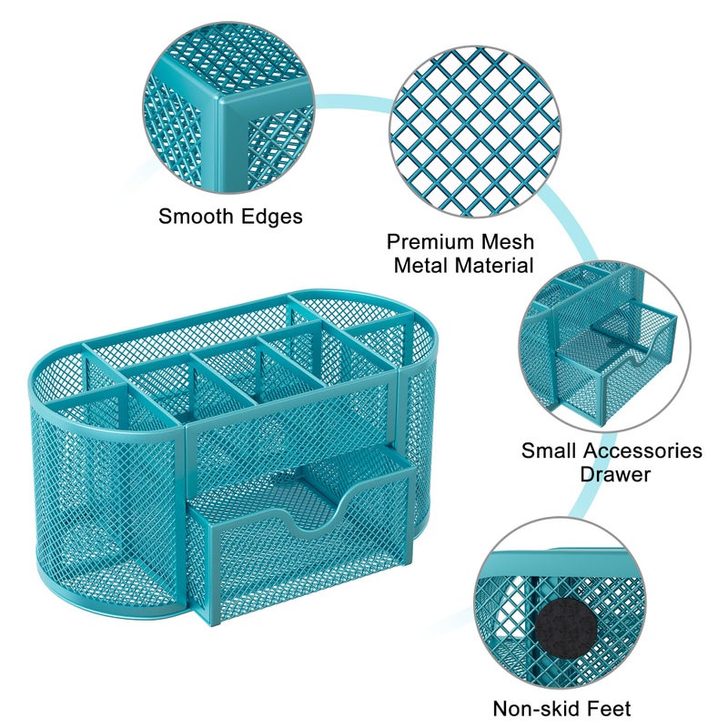 EasyPAG Mesh Pen Holder Desk Organizer with Drawer Stationery Supplies Organizer for Dorm School 9 Compartments Workspace Desk Accessories Organization for Office, Blue - Image 4